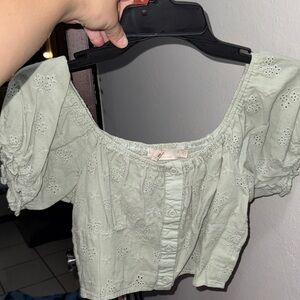 Light Sage Eyelet Button-Front Women's Crop Top